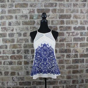 Altar'd State Blue & Cream Crochet Lace Sleeveless Top Boho Design Womens S